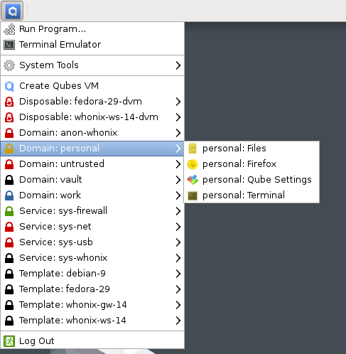 Qubes 3.2 system menu with redundant 'domain' prefix to every qube name